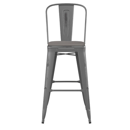 30'' High Clear Coated Indoor Barstool with Back and Gray Poly Resin Wood Seat