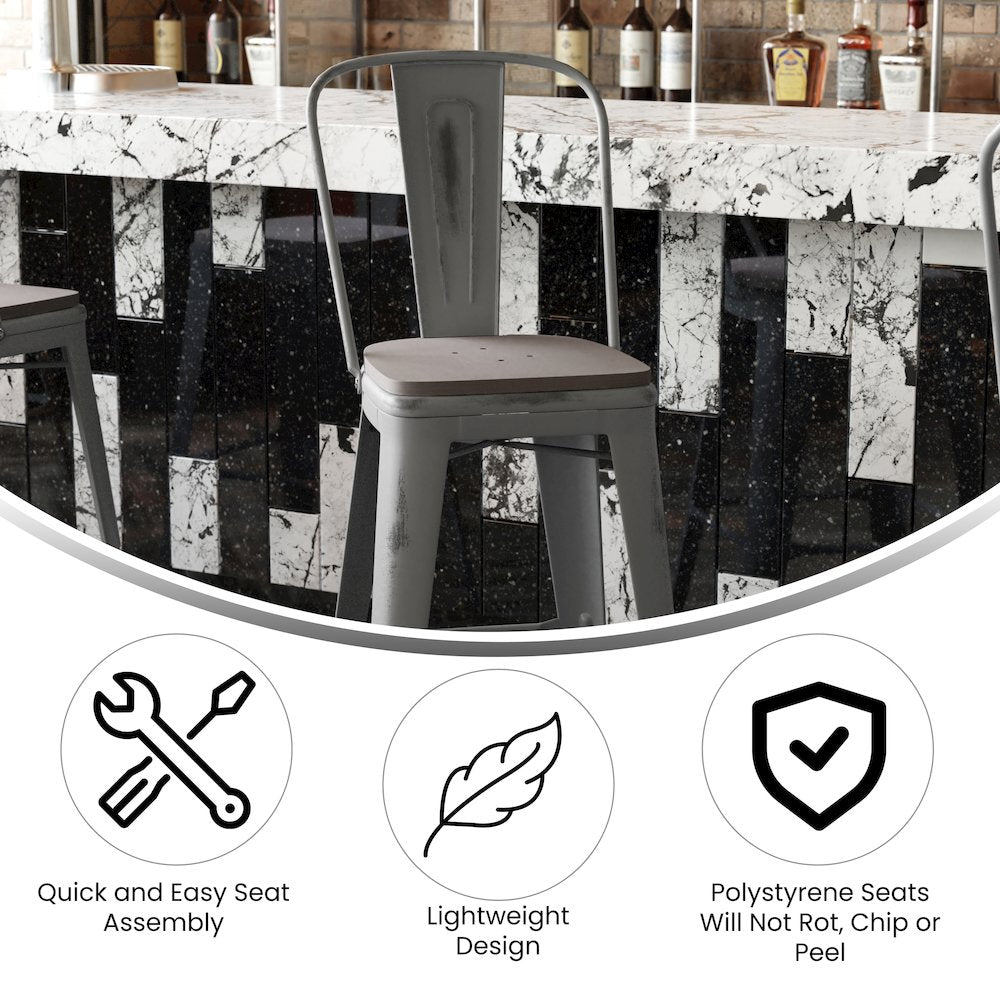 30'' High Clear Coated Indoor Barstool with Back and Gray Poly Resin Wood Seat