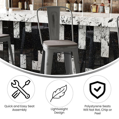 30'' High Clear Coated Indoor Barstool with Back and Gray Poly Resin Wood Seat