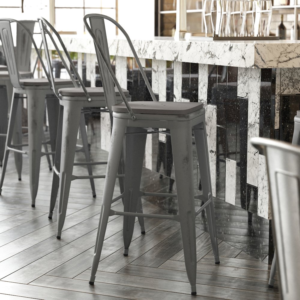 30'' High Clear Coated Indoor Barstool with Back and Gray Poly Resin Wood Seat