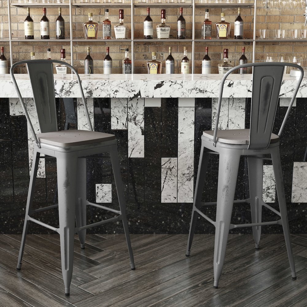 30'' High Clear Coated Indoor Barstool with Back and Gray Poly Resin Wood Seat