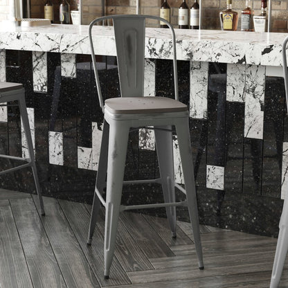 30'' High Clear Coated Indoor Barstool with Back and Gray Poly Resin Wood Seat