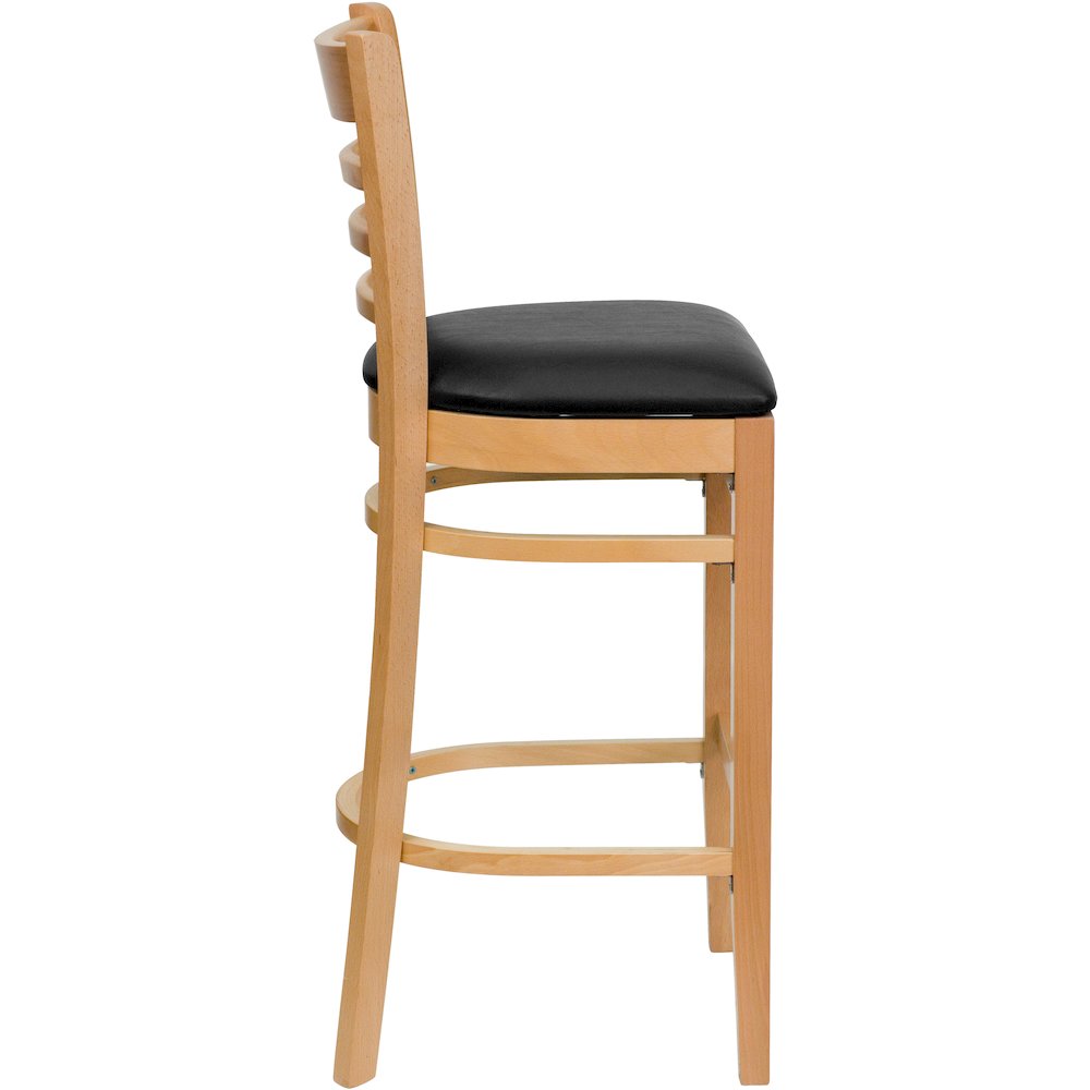 Ladder Back Natural Wood Restaurant Barstool - Black Vinyl Seat