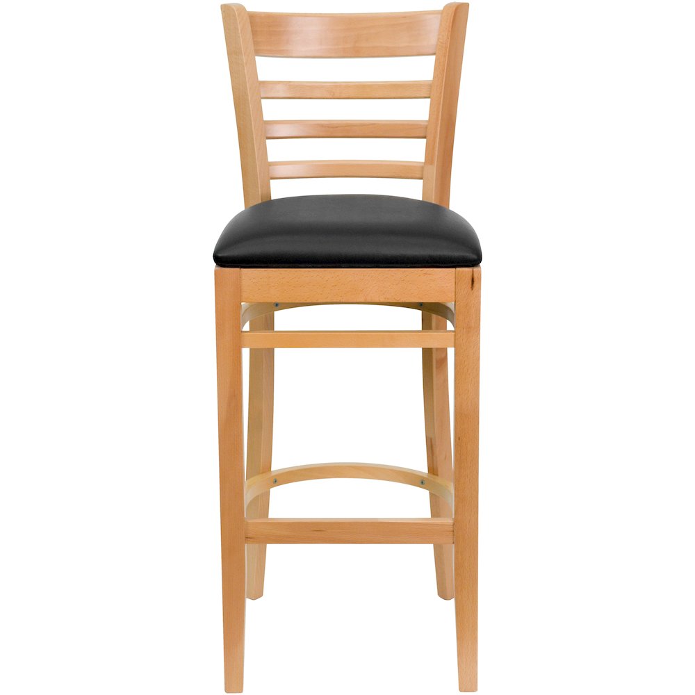 Ladder Back Natural Wood Restaurant Barstool - Black Vinyl Seat