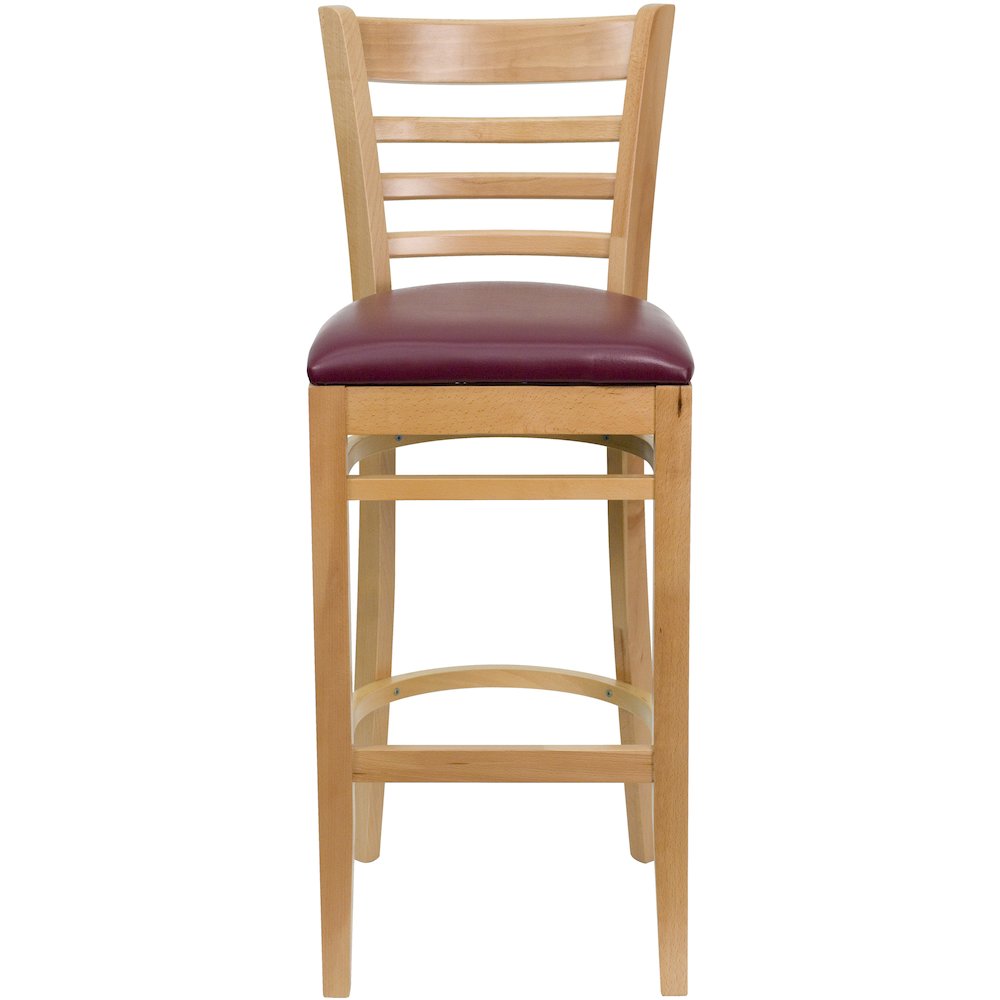 Ladder Back Natural Wood Restaurant Barstool - Burgundy Vinyl Seat