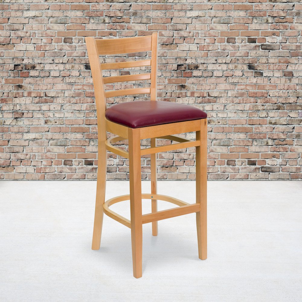 Ladder Back Natural Wood Restaurant Barstool - Burgundy Vinyl Seat