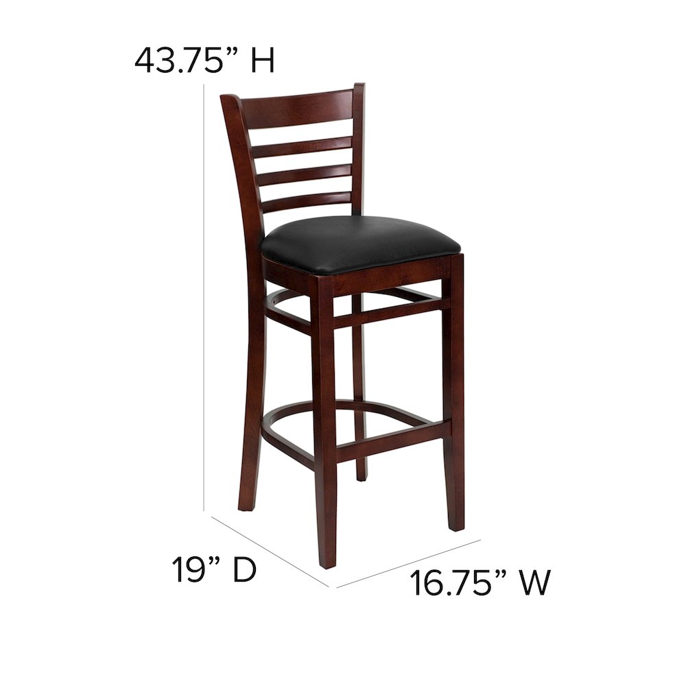 Ladder Back Walnut Wood Restaurant Barstool - Black Vinyl Seat