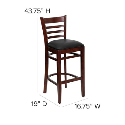 Ladder Back Walnut Wood Restaurant Barstool - Black Vinyl Seat