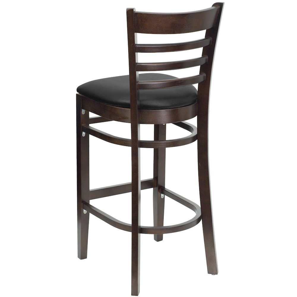 Ladder Back Walnut Wood Restaurant Barstool - Black Vinyl Seat