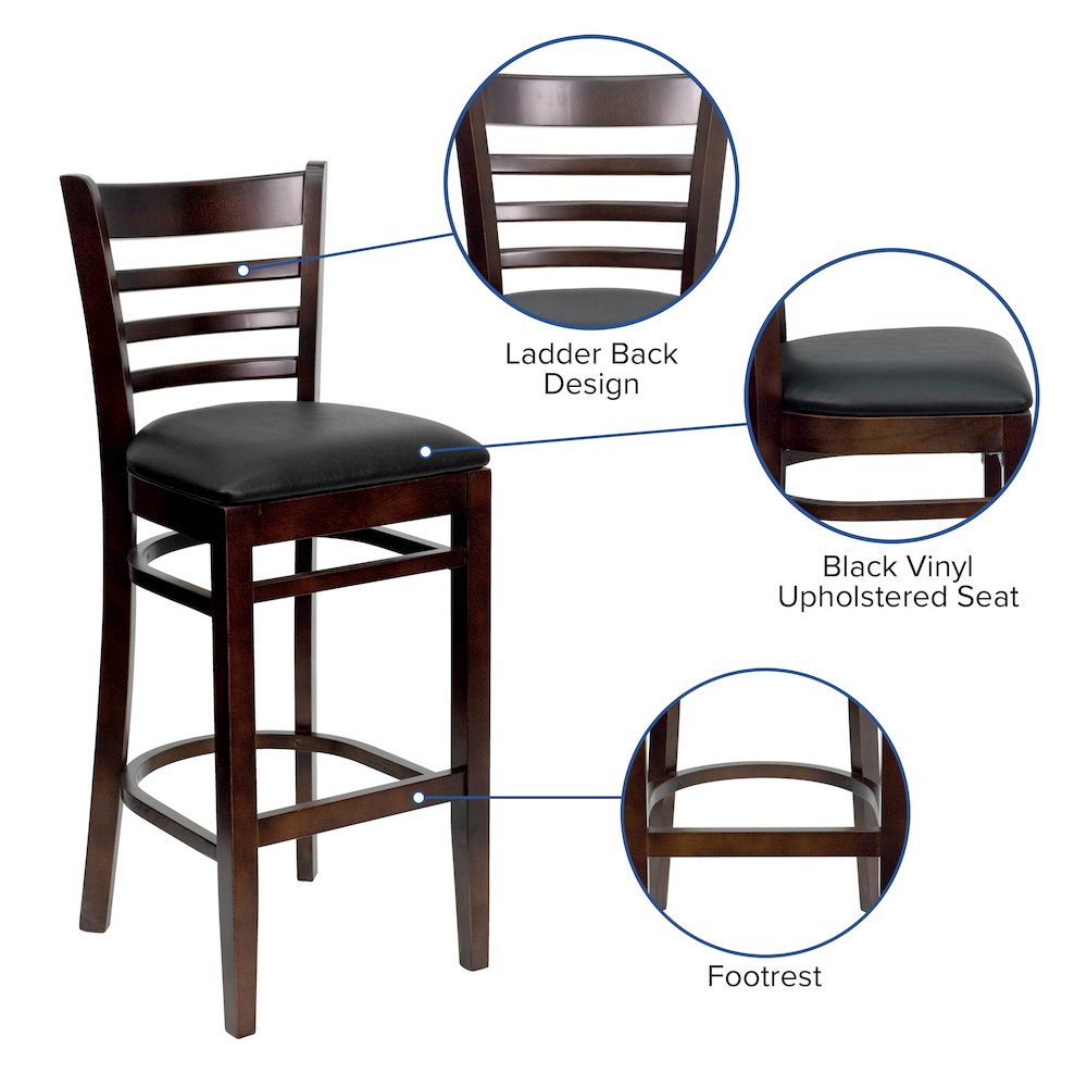 Ladder Back Walnut Wood Restaurant Barstool - Black Vinyl Seat
