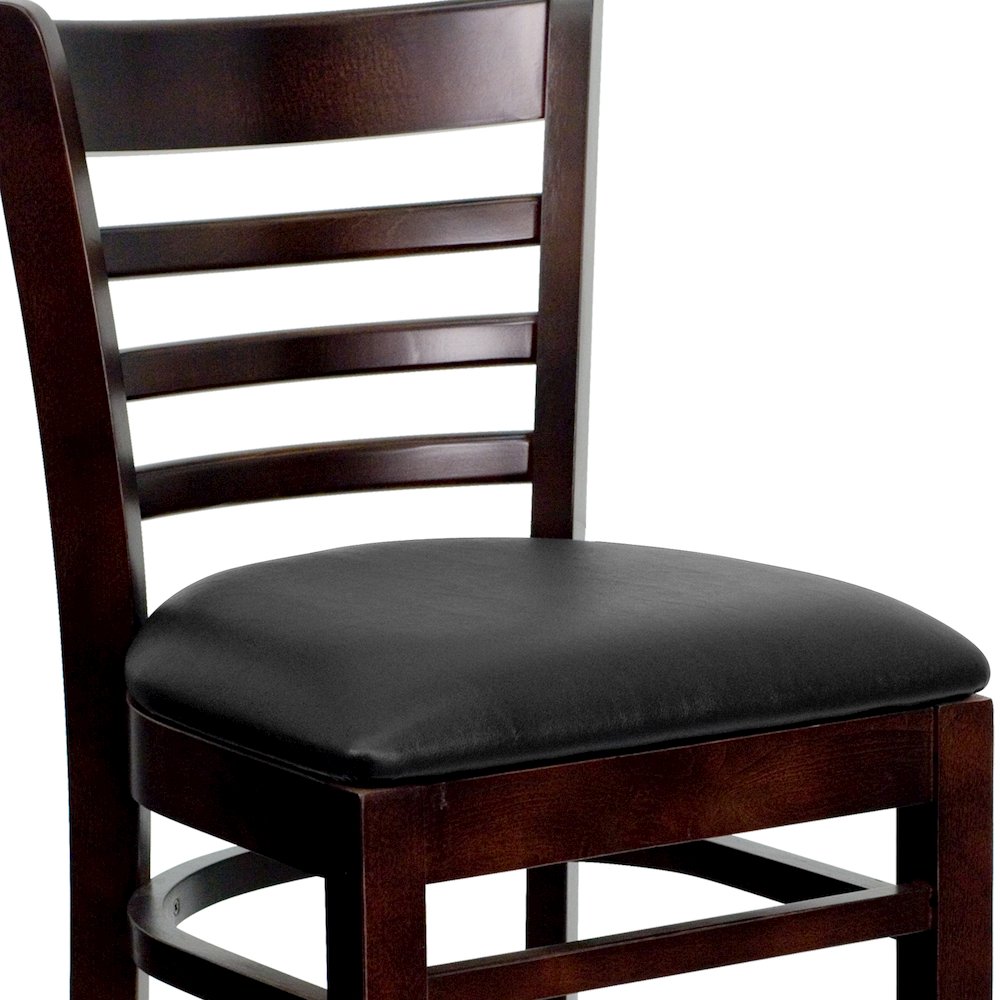Ladder Back Walnut Wood Restaurant Barstool - Black Vinyl Seat