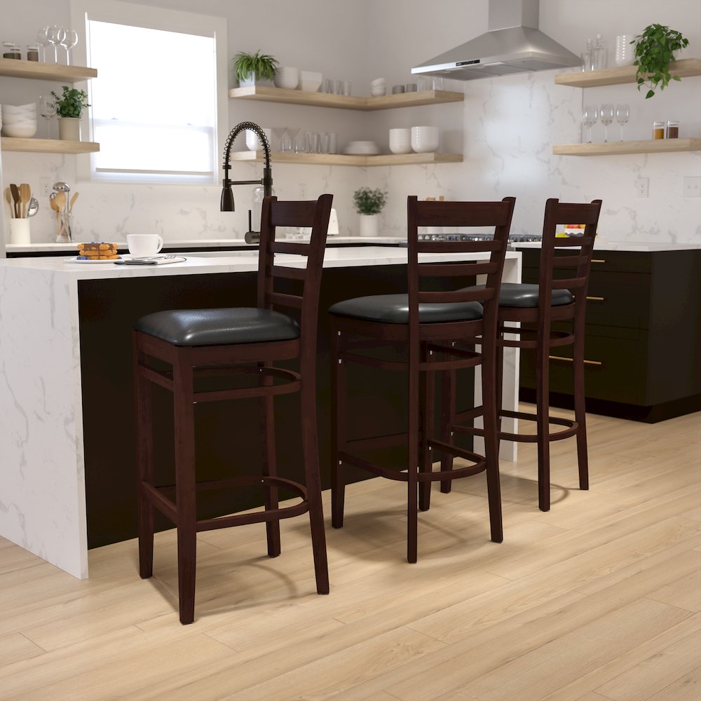 Ladder Back Walnut Wood Restaurant Barstool - Black Vinyl Seat