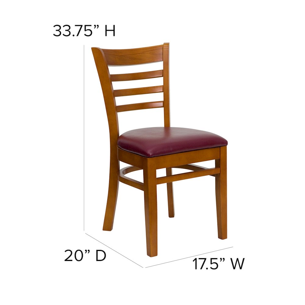 Ladder Back Cherry Wood Restaurant Chair - Burgundy Vinyl Seat