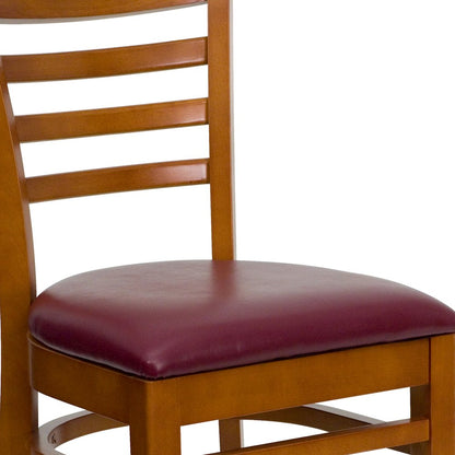Ladder Back Cherry Wood Restaurant Chair - Burgundy Vinyl Seat