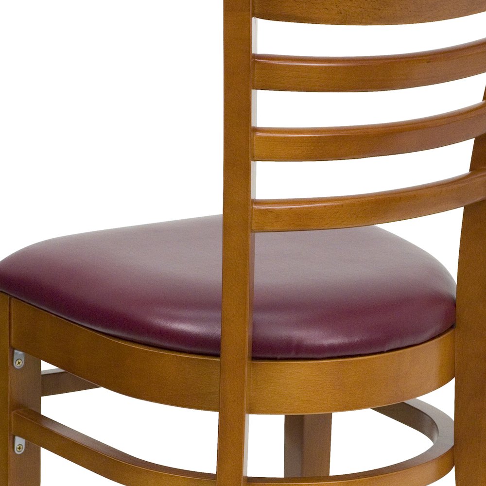 Ladder Back Cherry Wood Restaurant Chair - Burgundy Vinyl Seat