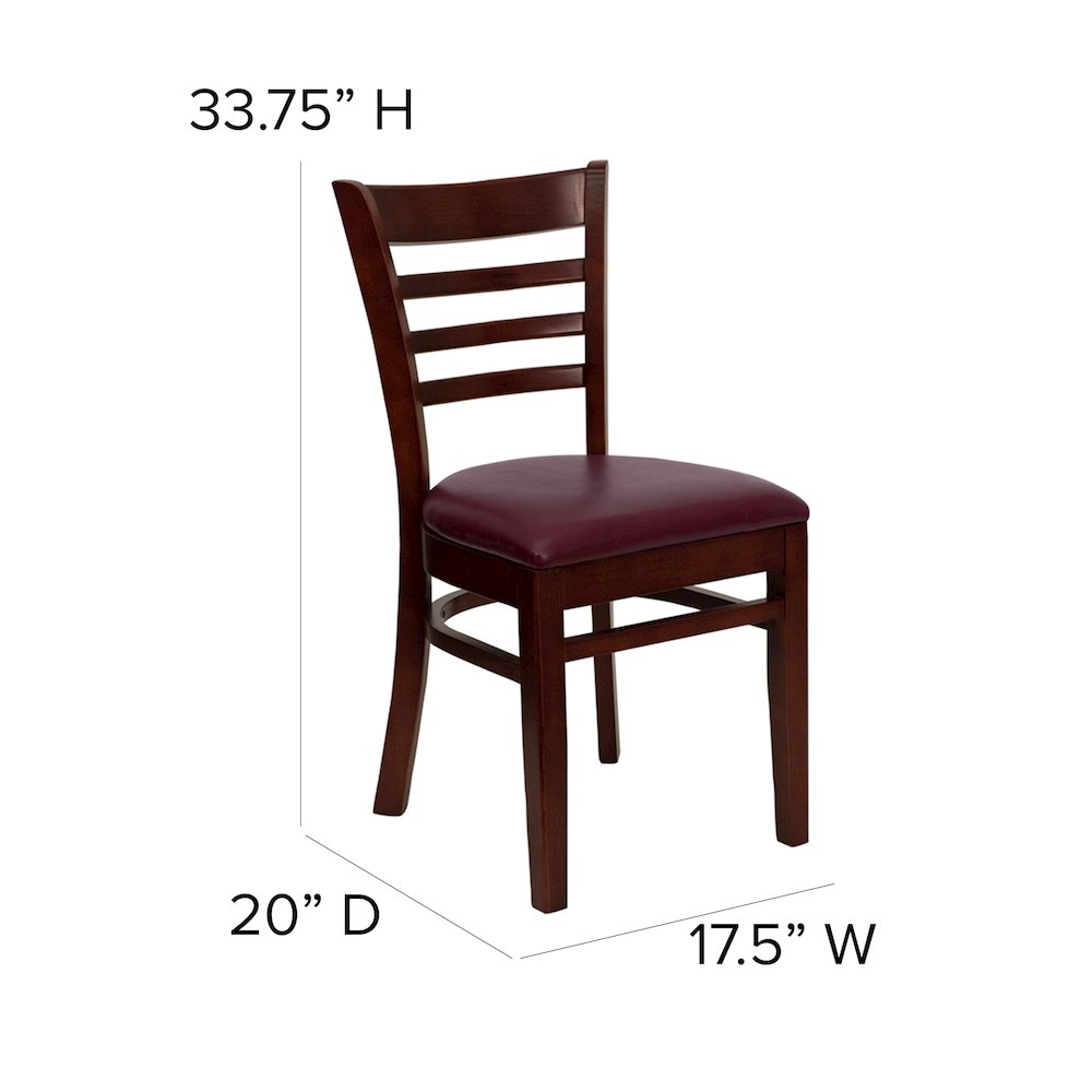 Ladder Back Mahogany Wood Restaurant Chair - Burgundy Vinyl Seat