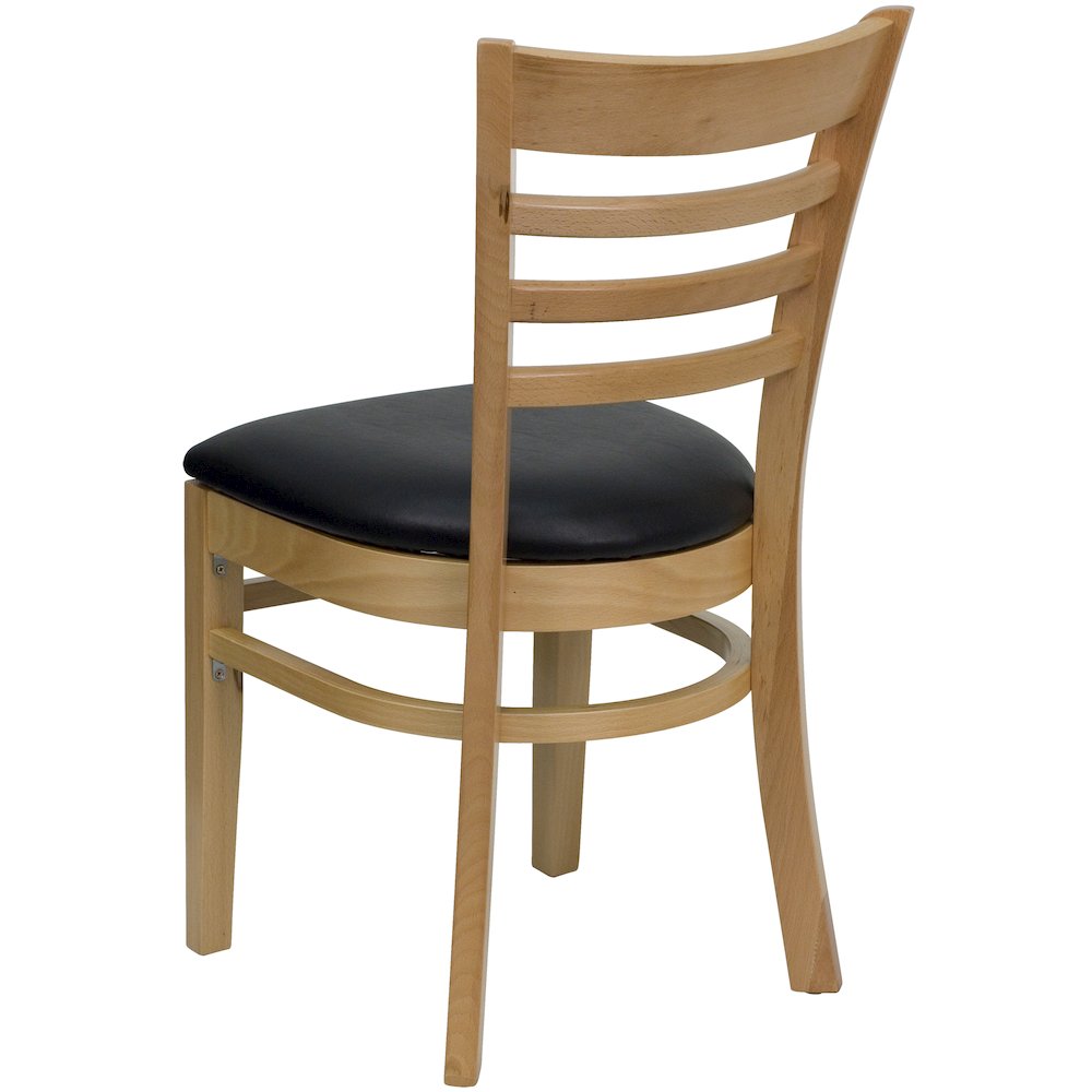 Ladder Back Natural Wood Restaurant Chair - Black Vinyl Seat