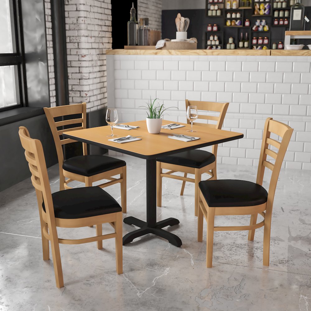 Ladder Back Natural Wood Restaurant Chair - Black Vinyl Seat