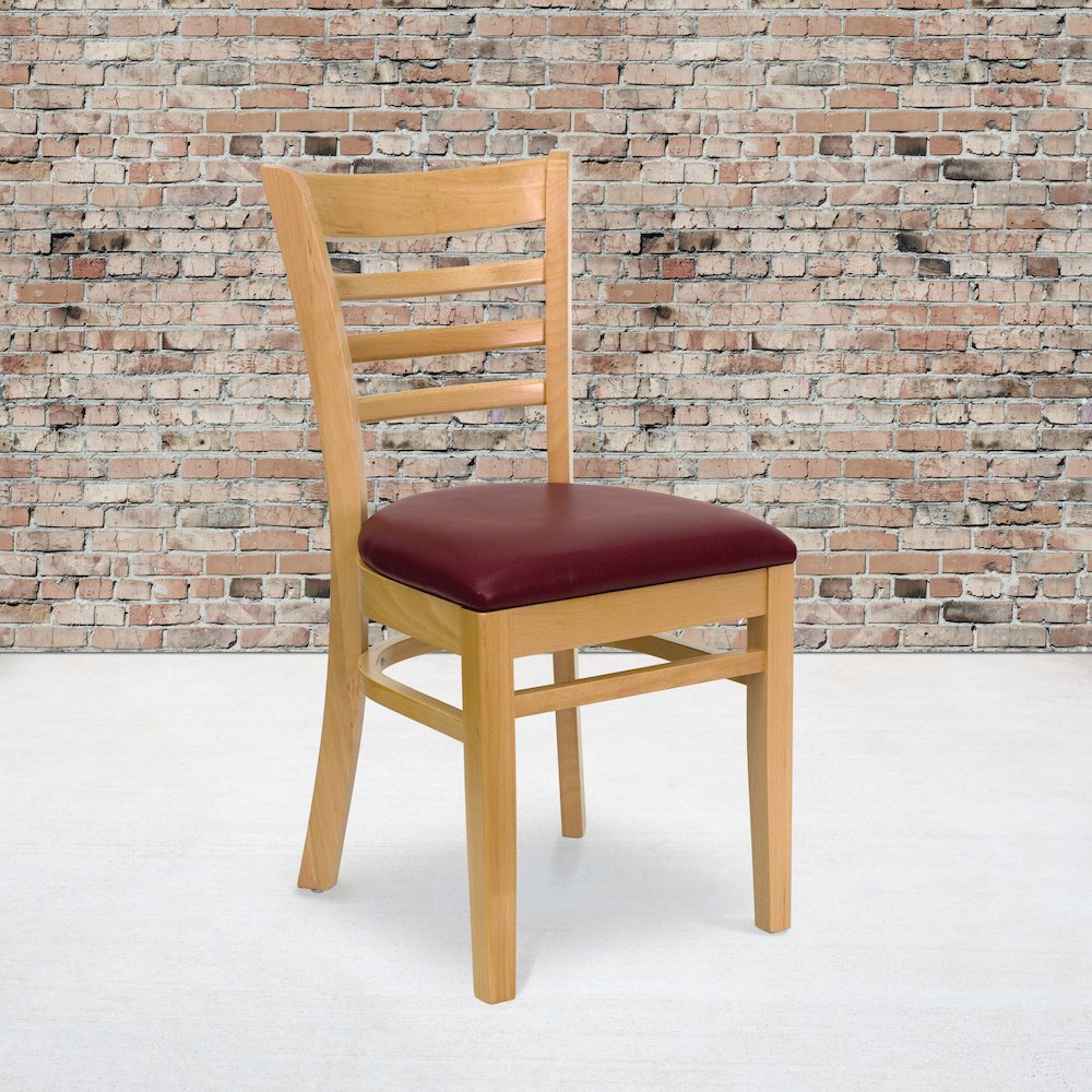 Ladder Back Natural Wood Restaurant Chair - Burgundy Vinyl Seat