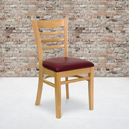 Ladder Back Natural Wood Restaurant Chair - Burgundy Vinyl Seat
