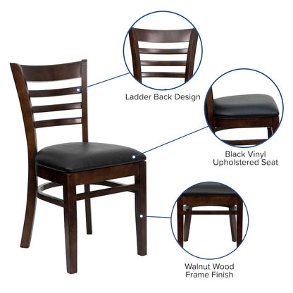 Ladder Back Walnut Wood Restaurant Chair - Black Vinyl Seat