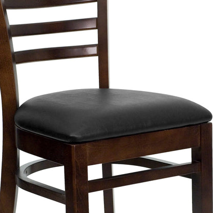 Ladder Back Walnut Wood Restaurant Chair - Black Vinyl Seat