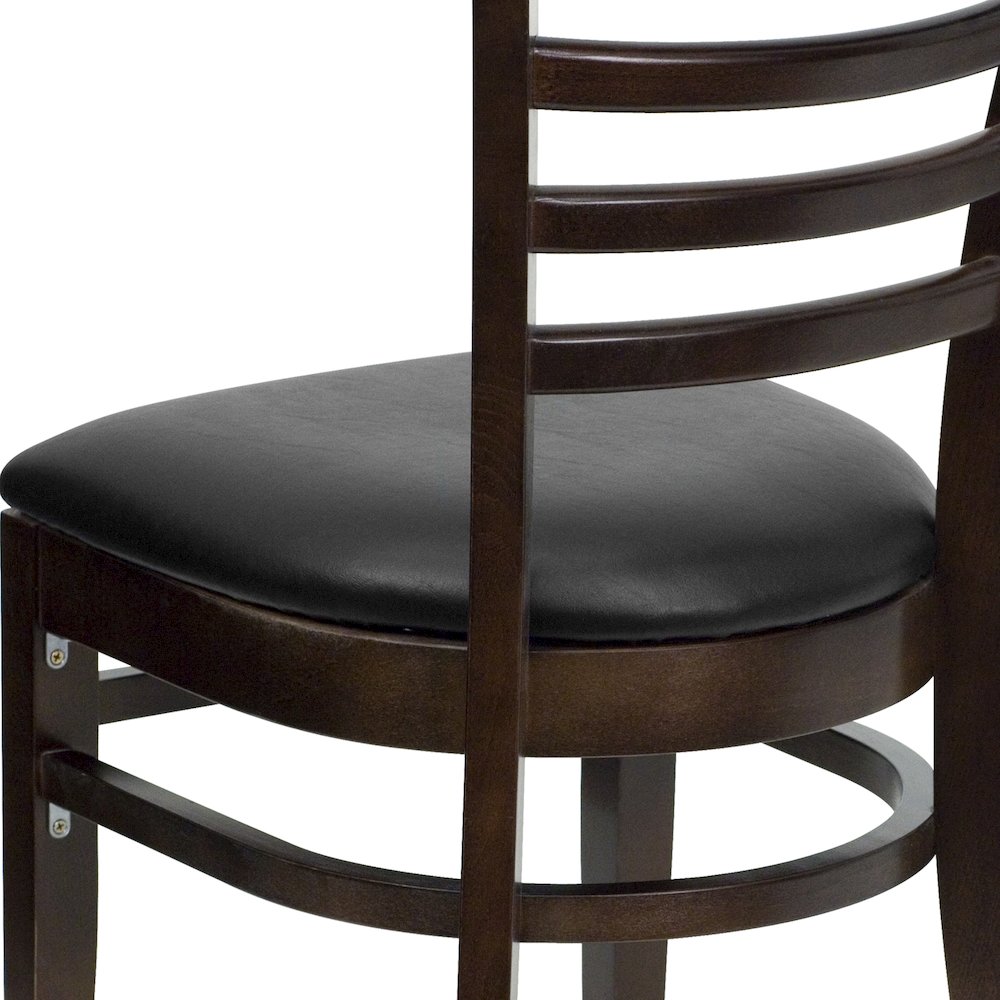 Ladder Back Walnut Wood Restaurant Chair - Black Vinyl Seat