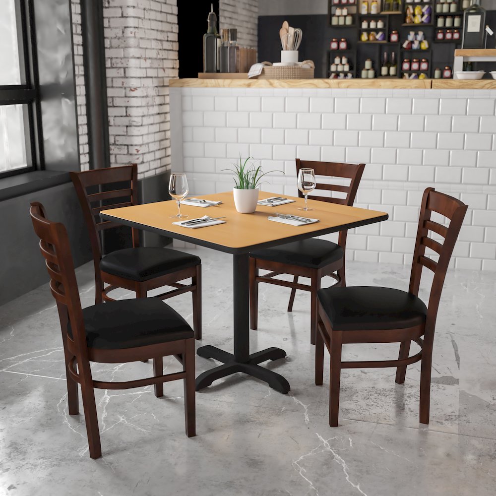 Ladder Back Walnut Wood Restaurant Chair - Black Vinyl Seat