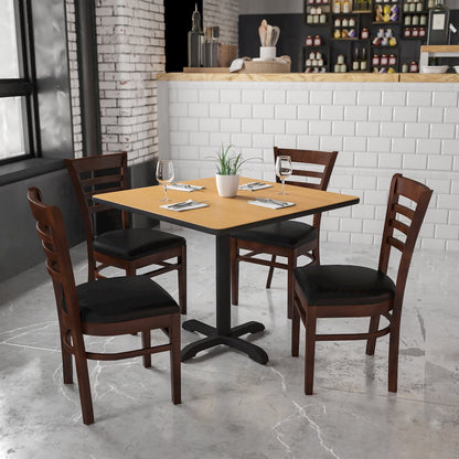 Ladder Back Walnut Wood Restaurant Chair - Black Vinyl Seat