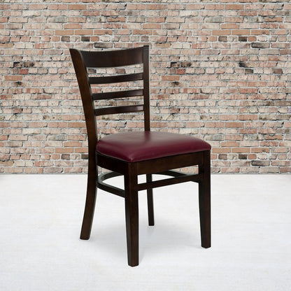 Ladder Back Walnut Wood Restaurant Chair - Burgundy Vinyl Seat