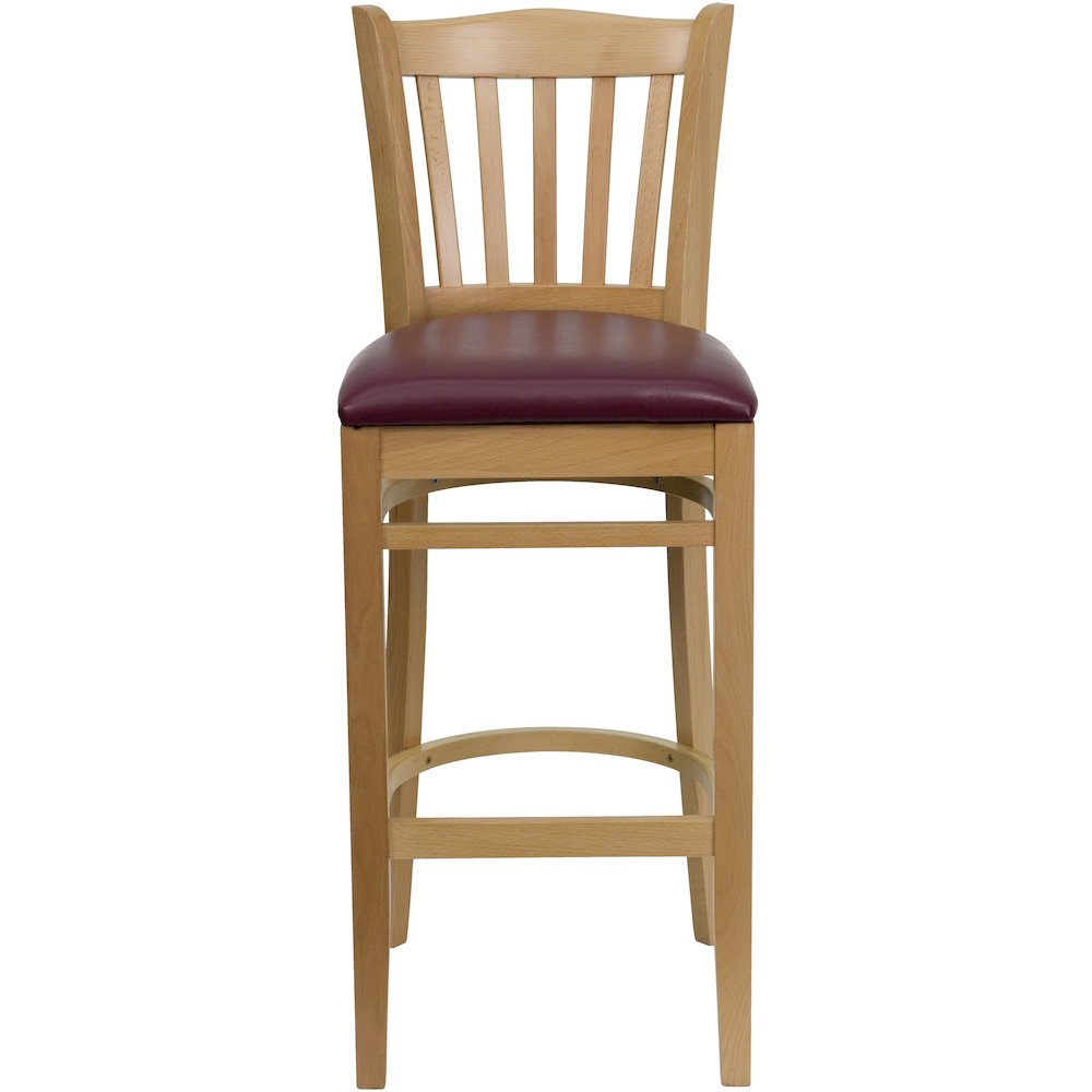 Vertical Slat Back Natural Wood Restaurant Barstool - Burgundy Vinyl Seat