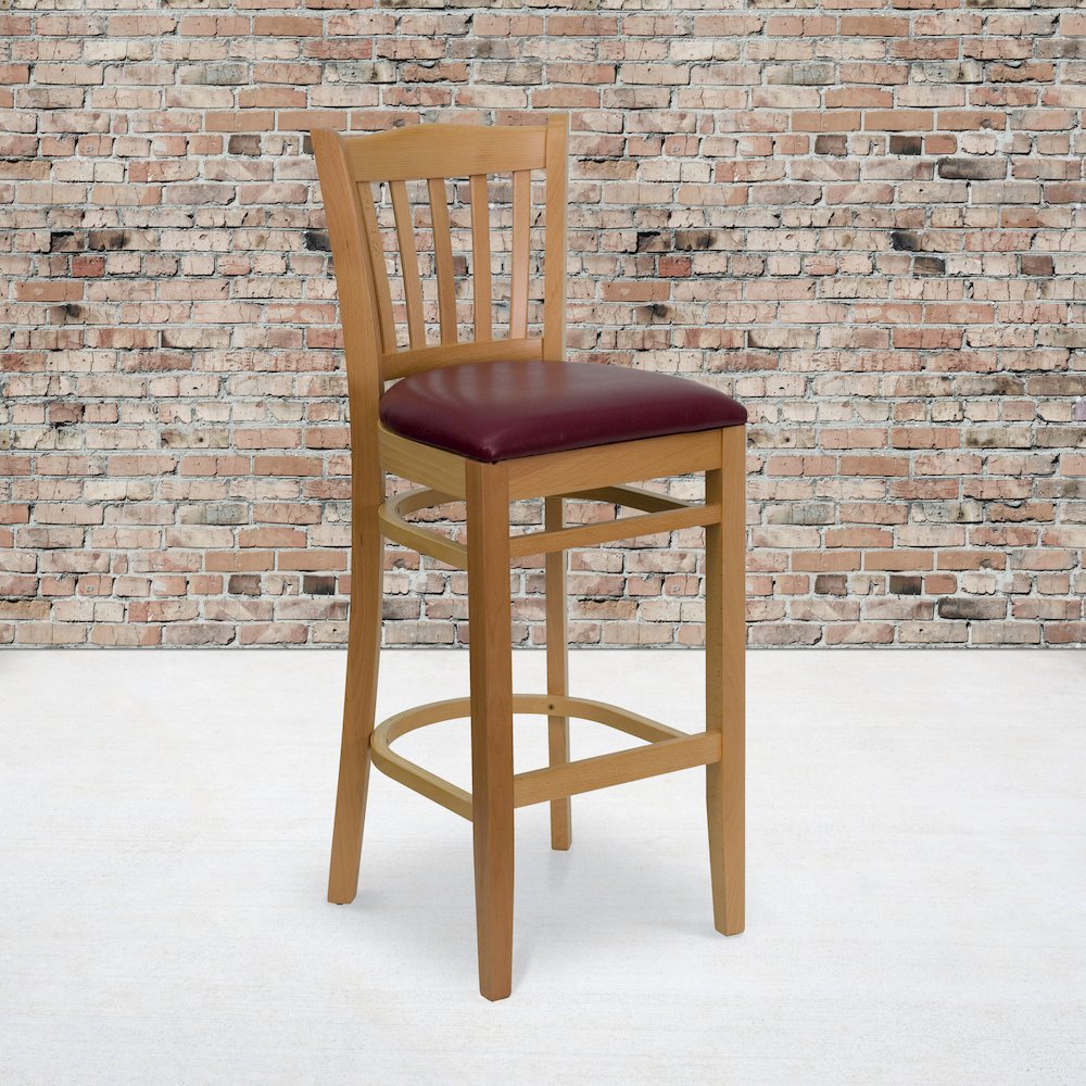 Vertical Slat Back Natural Wood Restaurant Barstool - Burgundy Vinyl Seat