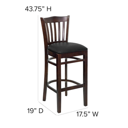 Vertical Slat Back Walnut Wood Restaurant Barstool - Black Vinyl Seat