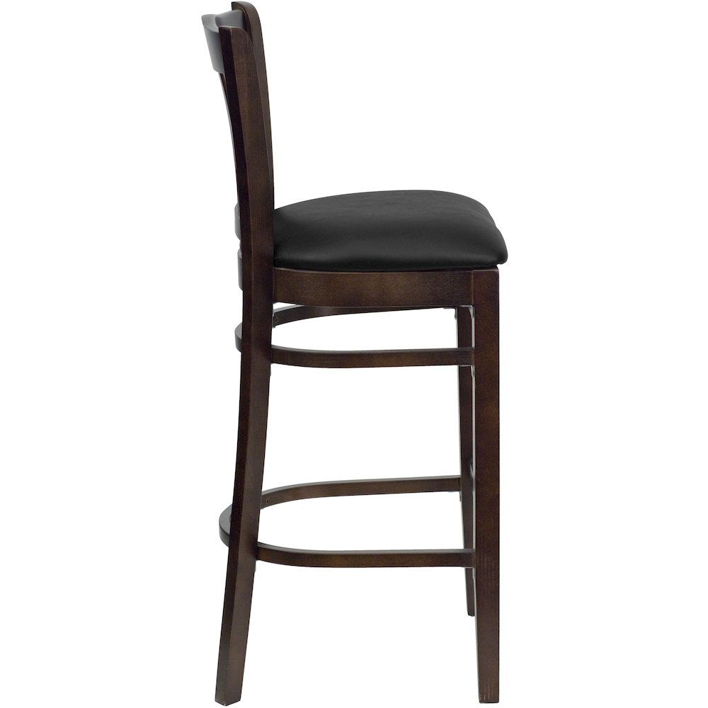 Vertical Slat Back Walnut Wood Restaurant Barstool - Black Vinyl Seat