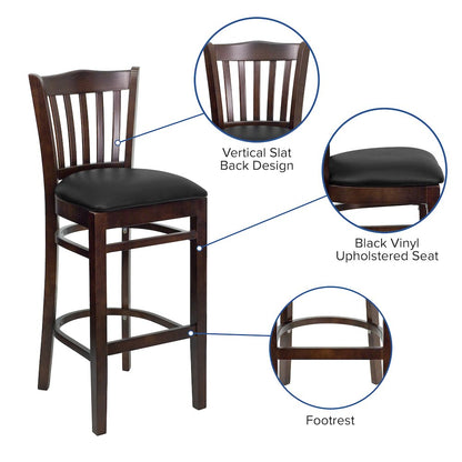 Vertical Slat Back Walnut Wood Restaurant Barstool - Black Vinyl Seat
