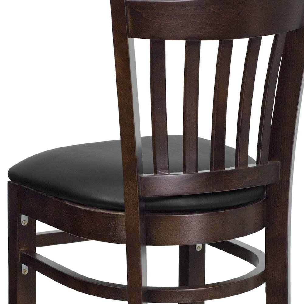 Vertical Slat Back Walnut Wood Restaurant Barstool - Black Vinyl Seat