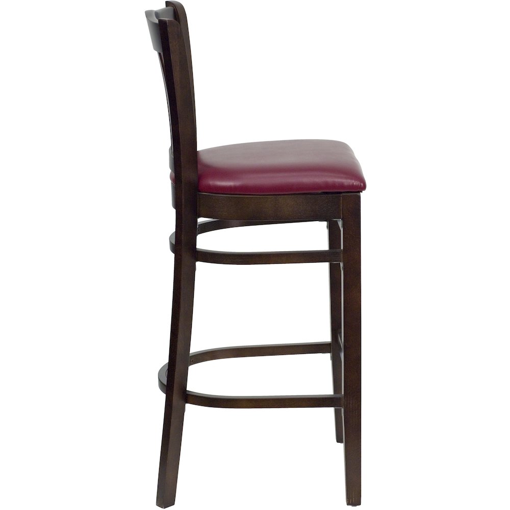 Vertical Slat Back Walnut Wood Restaurant Barstool - Burgundy Vinyl Seat