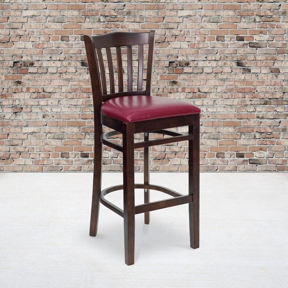 Vertical Slat Back Walnut Wood Restaurant Barstool - Burgundy Vinyl Seat