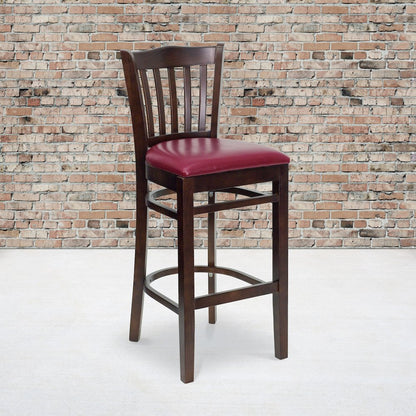 Vertical Slat Back Walnut Wood Restaurant Barstool - Burgundy Vinyl Seat