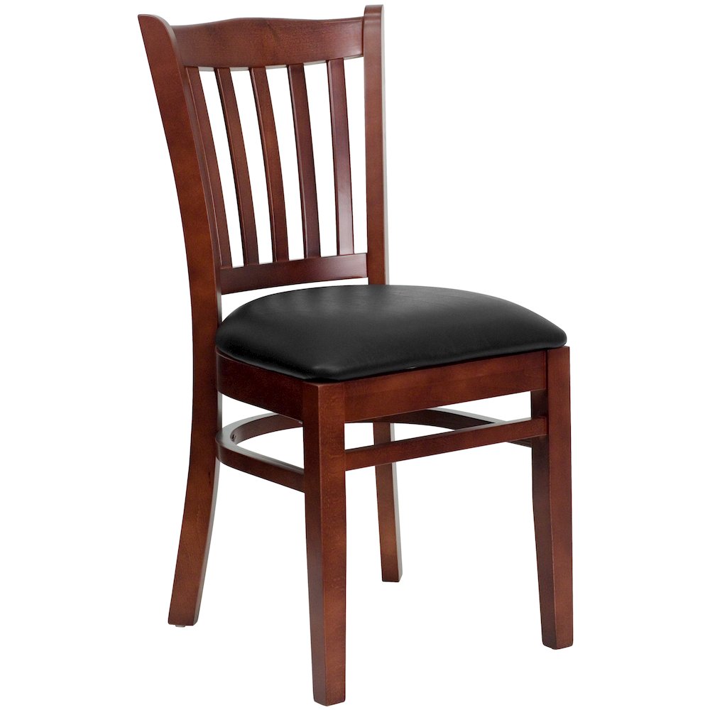 Vertical Slat Back Mahogany Wood Restaurant Chair - Black Vinyl Seat