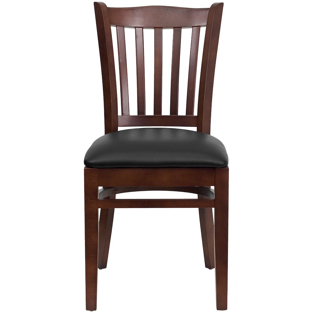 Vertical Slat Back Mahogany Wood Restaurant Chair - Black Vinyl Seat