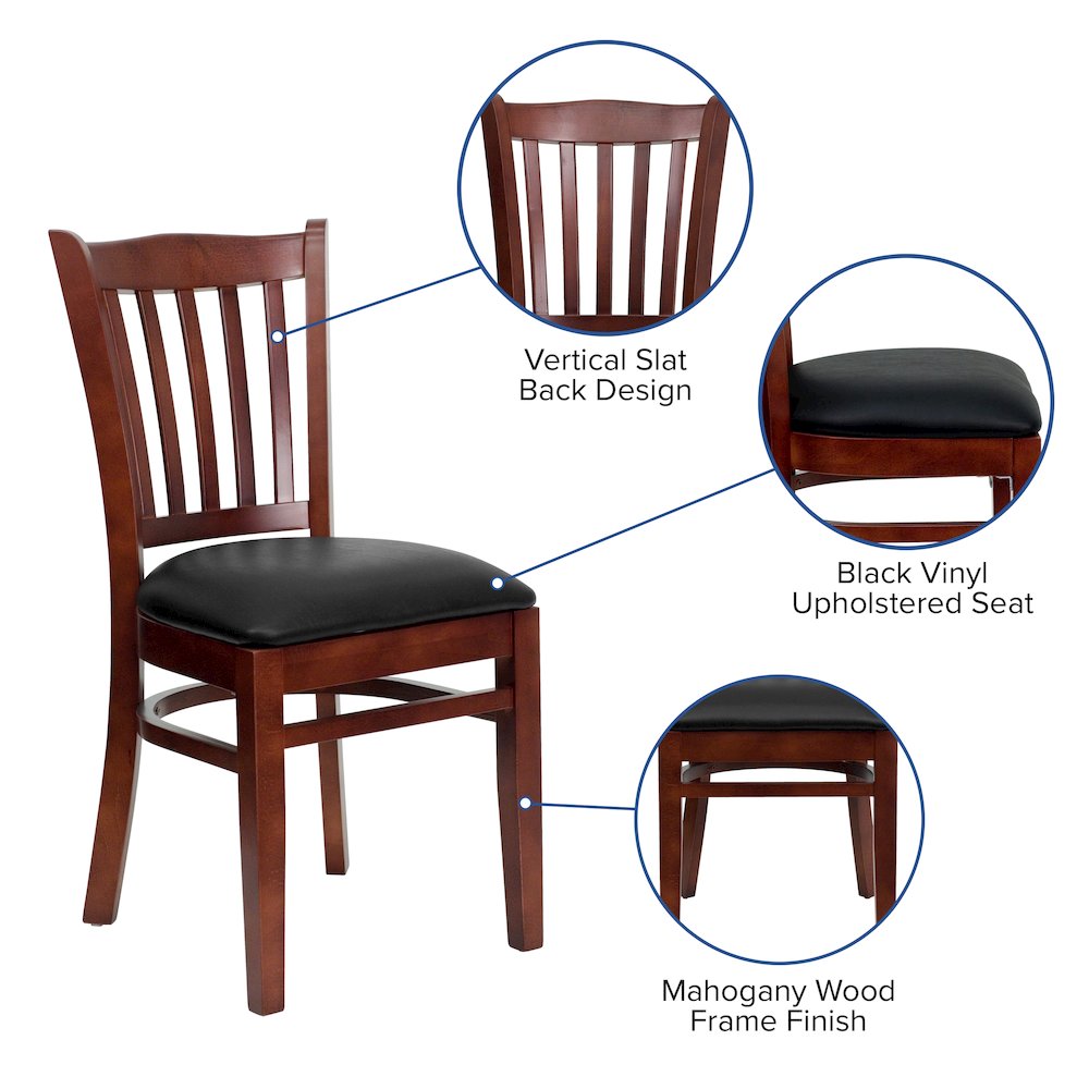 Vertical Slat Back Mahogany Wood Restaurant Chair - Black Vinyl Seat