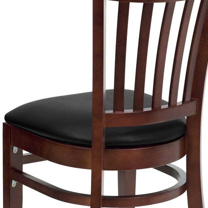 Vertical Slat Back Mahogany Wood Restaurant Chair - Black Vinyl Seat