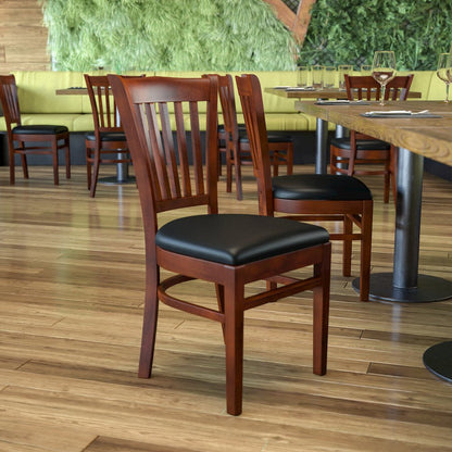 Vertical Slat Back Mahogany Wood Restaurant Chair - Black Vinyl Seat
