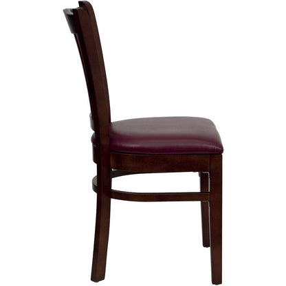 Vertical Slat Back Mahogany Wood Restaurant Chair - Burgundy Vinyl Seat