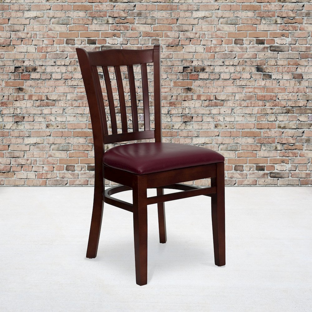 Vertical Slat Back Mahogany Wood Restaurant Chair - Burgundy Vinyl Seat