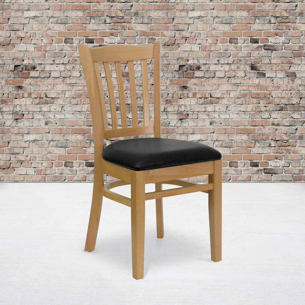 Vertical Slat Back Natural Wood Restaurant Chair - Black Vinyl Seat