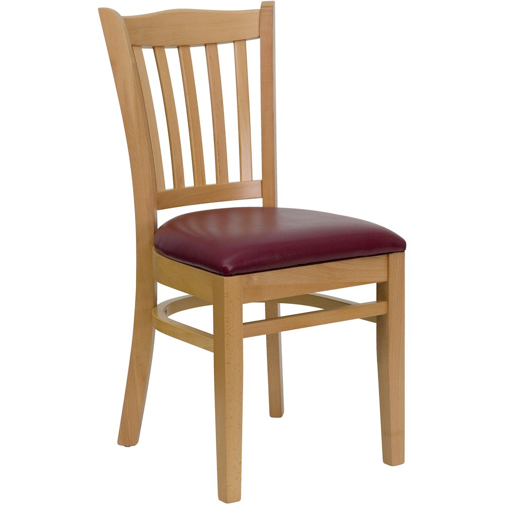 Vertical Slat Back Natural Wood Restaurant Chair - Burgundy Vinyl Seat
