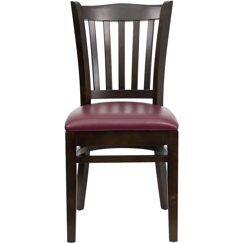Vertical Slat Back Walnut Wood Restaurant Chair - Burgundy Vinyl Seat