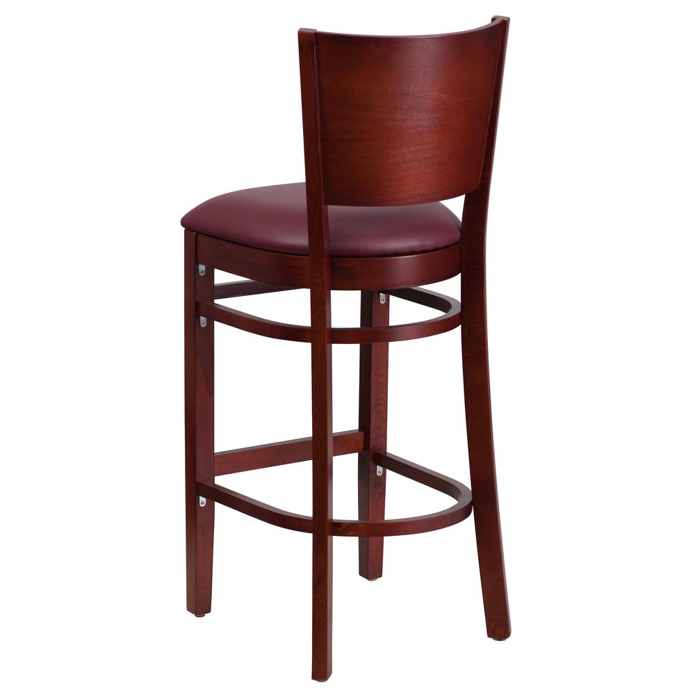 Solid Back Mahogany Wood Restaurant Barstool - Burgundy Vinyl Seat